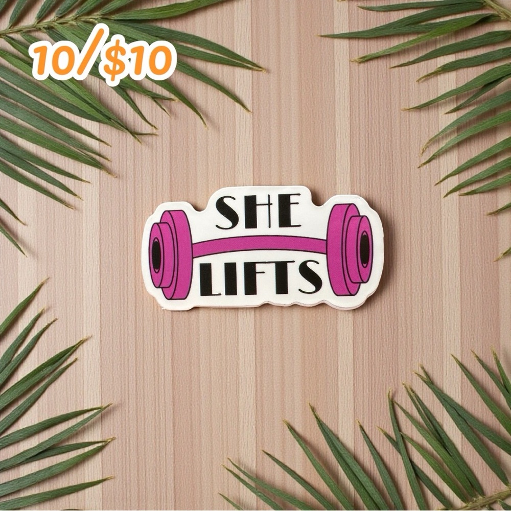 She Lifts Sticker – Feminist Gym Weightlifting Vinyl Decal